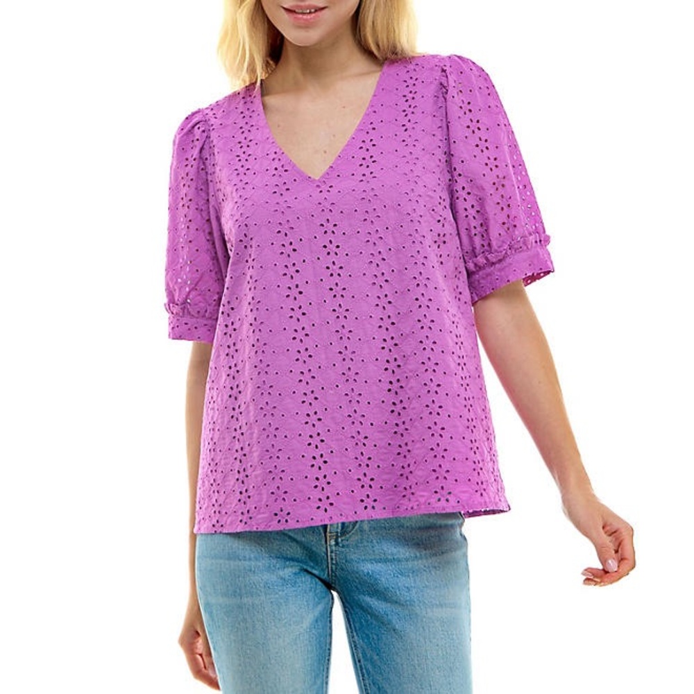 Draper James Women's V-Neck Puff Short Sleeve Top